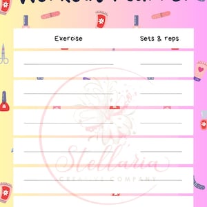 May include: A printable workout planner with a pink and yellow gradient background. The planner has a title that says "Workout Planner" and includes a column for "Exercise" and a column for "Sets & reps". The planner is decorated with nail polish bottles, scissors, and bandages.