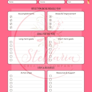 May include: Pink printable student goal setting worksheet with cartoon animals. The worksheet includes sections for reflection on the previous year, goals for this year, steps and resources.