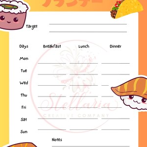 Puede incluir: Un planificador de comidas imprimible con un fondo degradado amarillo y naranja. El planificador tiene una sección para el objetivo, los días de la semana, el desayuno, el almuerzo, la cena y las notas. El planificador está decorado con sushi y pizza de dibujos animados.