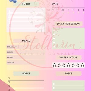 May include: A pink and yellow daily planner with a watercolor butterfly design. The planner includes sections for to-do lists, meals, notes, tasks, and water intake. It also includes a section for daily reflection.