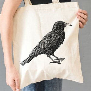 Crow Illustration Tote Bag, American Black Crow Printed Canvas Tote, Birdwatching Gift, Bird Lover Gift, Eco Friendly Women Shopping Bag