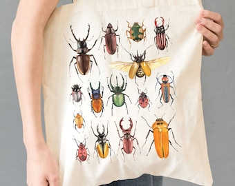 Beetle Tote Bag Entomologist Canvas Tote Vintage Entomology Tote Nature Lover Gift Hand Painted Wildlife Tote Farmers Market Shoulder Bag