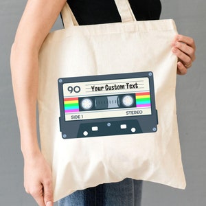 Bolsa personalizada para fita cassete, bolsa com nome de música personalizado, bolsa de lona com música retrô vintage dos anos 70, 80 e 90, bolsa com estampa de fita nostálgica e descolada