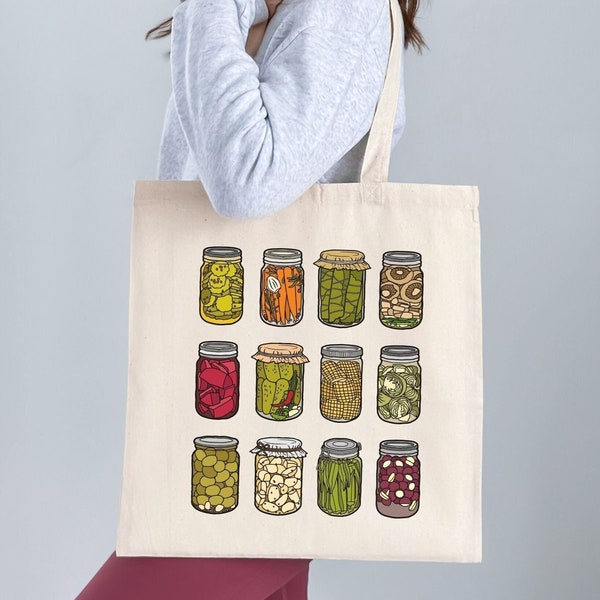 Pickle Tote Bag, Pickle Lovers Gift, Funny Pickled Vegetables Tote Bag, Trendy Vintage Canned Pickles Reusable Grocery Shopping Shoulder Bag