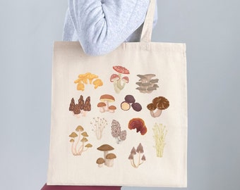 Mushroom Tote Bag Vintage Cottage core Toadstool Fungi Fungus print Canvas bag Types of Mushrooms  Shopping Bag Forest Forager Shoulder Bag