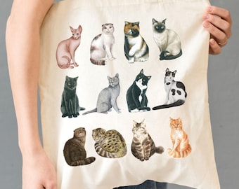 Canvas draagtas kattenthema, kat illustratie schoudertas, verjaardagscadeau kat eigenaar, draagtas kat moeder, kerstcadeau kat vader, katoenen draagtas kattenliefhebber, katoenen draagtas kattenliefhebber