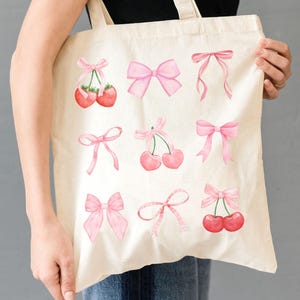 Aesthetic Pink Bow Tote Bag, Coquette Bow Fruit Tote, Trendy Summer Canvas Tote, Cute Strawberry Heart Shoulder Bag, Beach Bachelorette Tote