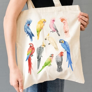 Parrot Tote Bag, Parrot Mom Dad Canvas Tote, Parrot Owner Birthday Gift, Cute Parrots Illustration Cotton Tote, Parrot printed Shoulder Bag