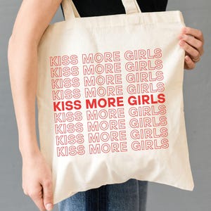 Kiss More Girls Tote Bag, LGBTQ Tote, Love Is Love Tote Bag, Funny Lesbian Shoulder Bag, Gay Pride Tote Women Her, Girl Kisser Canvas Tote