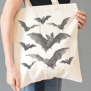 Bat Halloween Tote Bag Vintage Gothic Bat Canvas Tote Spooky Witchy Tote Dark Cottagecore Halloween Treat Bag Witch Gifts Bat Lover Tote Bag