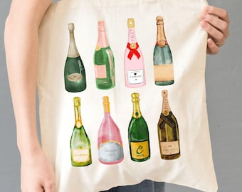 Champagne Bottles Tote Bag, Bachelorette Party Gifts, Retro Summer Tote Bag, Weekend Bag, Champagne Lover Gift, Cocktail Canvas Tote Bag