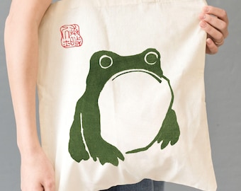 Matsumoto Hoji Sad Frog Tote Bag, Unimpressed Frog Tote Bag, Vintage Japanese Art Canvas Tote, Art Lover Gift, Farmers Market Shoulder Bag