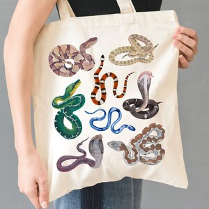 Sac fourre-tout espèces de serpents, cadeau pour ami amoureux des serpents, fourre-tout en toile serpent peint, sac fourre-tout bohème serpent à sonnette, cadeau animal reptile pour amoureux de la nature