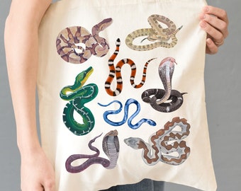 Snakes species Tote Bag, Gift for Snake Lover Friend, Painted Snake Canvas Tote, Boho Rattlesnake Tote Bag, Reptile Animal Nature Lover Gift