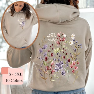 Oversized Vintage Wildflowers Hoodie, Pressed Flowers Front & Back Print Hoodie,Boho Cottagecore Pastel Botanical Floral Crewneck Sweatshirt
