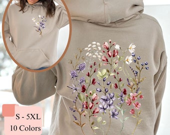 Oversized Vintage Wildflowers Hoodie, Pressed Flowers Front & Back Print Hoodie,Boho Cottagecore Pastel Botanical Floral Crewneck Sweatshirt