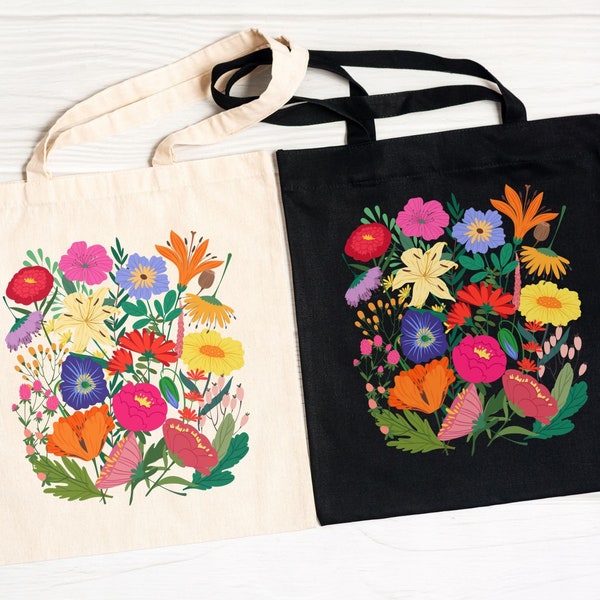 Wildflowers Tote Bag Boho Vintage Cottage Core Floral Canvas Bag Cute Watercolor Flowers Tote Plant Nature Lover Gift Pastel Botanical bag