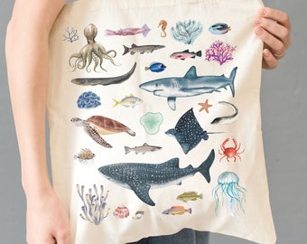 Sea Life-draagtas, canvas-draagtas marien bioloog, cadeau oceaanliefhebber, esthetische draagtas oceaandier, tas haai redden, boodschappentas boerenmarkt