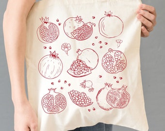 Vintage 90s Pomegranate Tote, Aesthetic Summer Canvas Bag, Pomegranate Lover Gift, Botanical Fruit Lover Farmers Market Women Shoulder Bag
