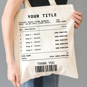 Custom Song Receipt Tote Bag, Personalized Playlist Receipt Tote, Song Title and Artist Name Canvas Tote, Customized Favorite Love Song Bag