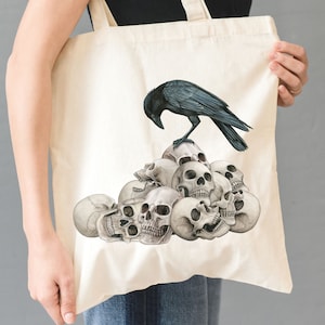 Crow and Skulls Tote Bag, Goth Aesthetic Dark Cottagecore Canvas Tote, Gothic Art Tote, Bird Lover Gift, Eco Friendly Women Shopping Bag