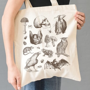 Goth Dark Cottagecore Tote Bag Goblincore Gift Vintage Skull Bat Frog Mushroom Canvas Tote Dark Academia Shoulder Bag Spooky Halloween Tote