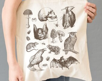 Goth Dark Cottagecore Tote Bag Goblincore Gift Vintage Skull Bat Frog Mushroom Canvas Tote Dark Academia Shoulder Bag Spooky Halloween Tote