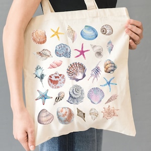 Sea Shell Tote Bag Beach Canvas Tote Bag Ocean Lover Gift Vintage Summer Beach Vacation Tote Hand Painted Sea shells Hunting Aesthetic Tote