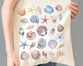 Sea Shell Tragetasche Strand Canvas Tragetasche Ocean Lover Geschenk Vintage Sommer Strand Urlaub Tote Handgemalt Muscheln Jagd Ästhetik Tote