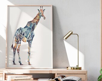 Geometric Giraffe Watercolor Print Art - Abstract Geometric Animal Wall Art - Digital Download - High Resolution Kids Safari Animal Poster