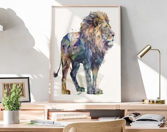 Geometric Lion Print - Digital Printable - Watercolor African Safari Animal Art - High Resolution Abstract Geometric Lion, Kids, Nursery Art