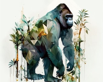 Geometric Gorilla - Abstract Watercolor Animal Print - High Resolution Digital Download, Kids/Nursery Room Animal Poster, Cool Safari Art