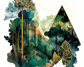 Abstract Jungle/ Geometric Rainforest Print - Printable Download - High Resolution, Vibrant Watercolor Nature Scene, Custom Frameable Art