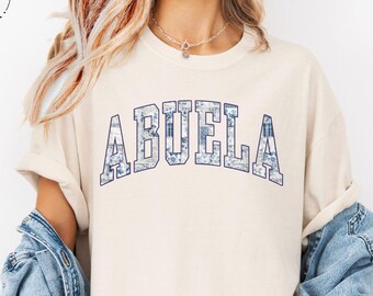 Faux Patchwork Abuela Shirt, Mothers Day Gift, Comfort Colors® Blue Toile Grandma Tee, Trendy Abuela Shirt, Gift For Mom, Women's Clothing