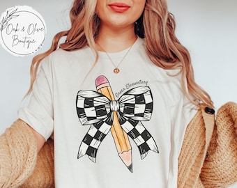Personalized Back to School Teacher T- Shirt, Retro Teacher Coquette Pencil Bow Tee, Bella Canvas First Day of School Teacher Gift Apparel
