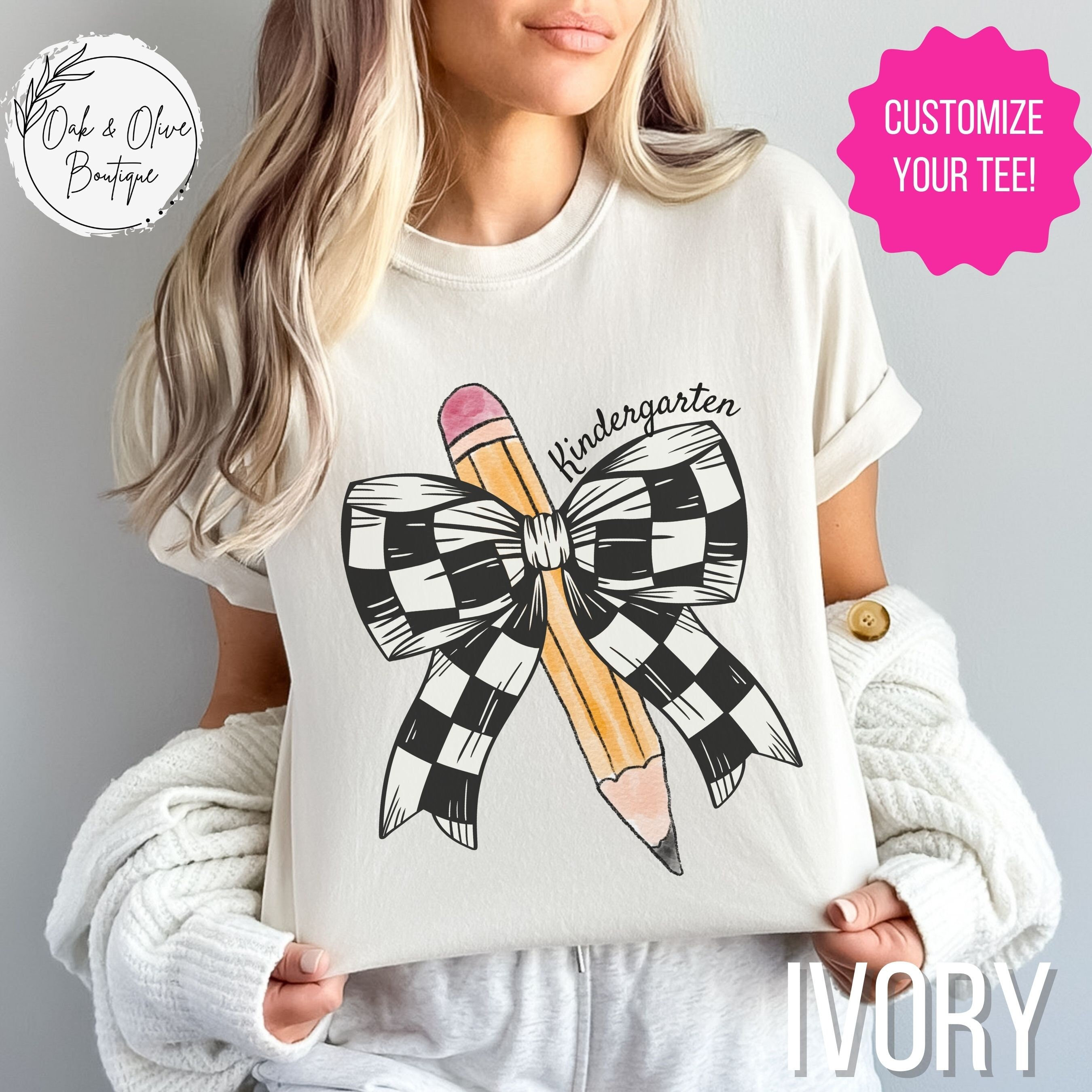 Personalized Back to School Teacher T- Shirt, Retro Teacher Coquette Pencil Bow Tee, Comfort Colors First Day of School Teacher Gift Apparel
