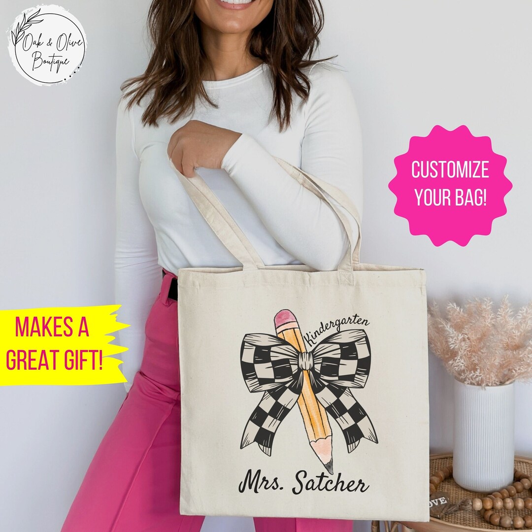 Personalized Kindergarten Teacher Back to School Canvas Tote, Coquette ...