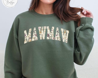 Floral Mawmaw Sweatshirt, Mothers Day Gift, Varsity Floral Print Grandma Pullover, Trendy Mawmaw Crewneck Shirt, Gift For Mom, Graphic Tee