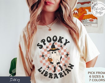 Comfort Colors Retro Spooky Librarian Halloween Ghost Shirt, Spooky Librarian Tee, Ghost Halloween Shirt for Her, Halloween Librarian Gift