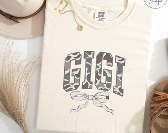 Coquette Camo Gigi Shirt, Hunting Wife T-Shirt, Camo Pullover for Gigi, Deer Duck Hunting Mother's Day Gift, Camouflage Outdoor Grandma Tee