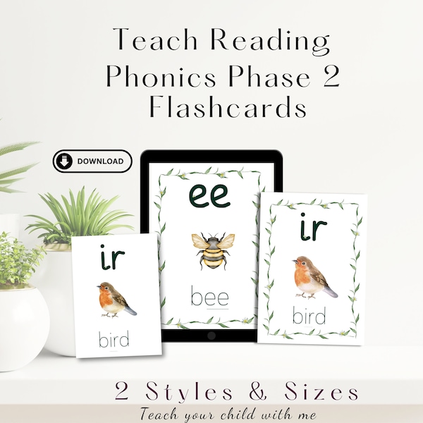 PHONICS PHASE 2 FLASHCARDS, watercolor, nature design, perfect for forest and twig school! ideal for children learning their phonic sounds.