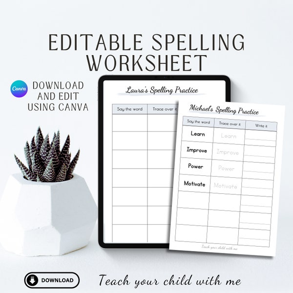 EDITABLE SPELLING WORKSHEET, Personalize and enter your words to trace over and practice! Build confidence in spelling with this template.