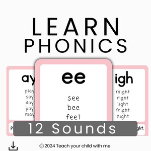 Tarjetas de fonética imprimibles ideales para lectura temprana y sonidos de letras, aprendizaje en el aula de educación en el hogar; año 1, 2, jardín de infantes y 1er grado.