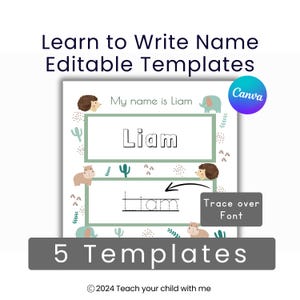 5 plantillas editables para aprender a escribir nombres, perfectas para niños en edad preescolar. ¡Imprime o usa en iPad!