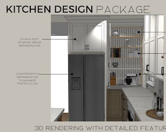 May include: 3D rendering of a kitchen design with detailed features. The kitchen features a counter-depth refrigerator, a high shelf for holiday items, and shelves for cookbooks, canisters, and gadgets. The text "KITCHEN DESIGN PACKAGE" is at the top of the image.