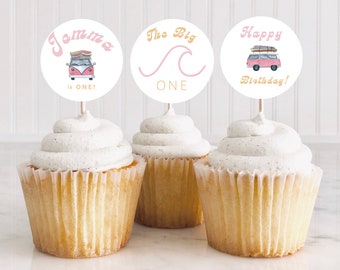 The BIG One Cupcake Toppers editable DOWNLOAD, Pink Retro Vibes Bus Toppers, 1st Birthday The Big One theme, Surfer Party, Cupcake Toppers