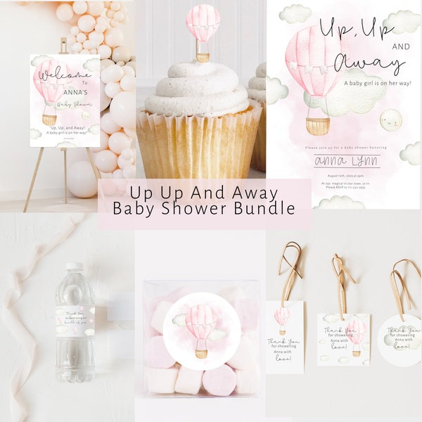 Up Up and Away Baby Shower Invitation Bundle, Printable Baby Shower Invitation Pack, Editable Baby. Baby Shower Decorations Girl