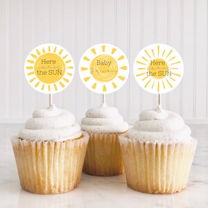 Baby Shower Decor Instant Download Sunshine Baby Shower Cupcake Toppers Here Come The Son Baby Shower Retro Boy Blue And Yellow Sunshine