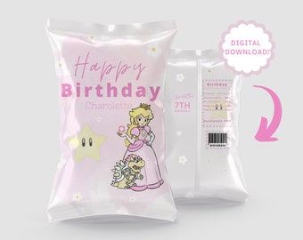 Princesa Peach Chip Bag l Bolsa de regalo Princesa Peach l Tema Princesa Peach l Cumpleaños de Super Mario l Descarga instantánea l Bolsa de chip l Cumpleaños