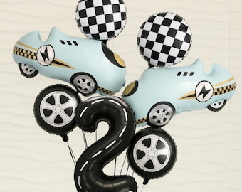 Paquete de globos con temática de autos de carrera: dos globos rápidos, globos de primera vuelta, cumpleaños con temática de primera vuelta a la pista, paquete de 10 globos.